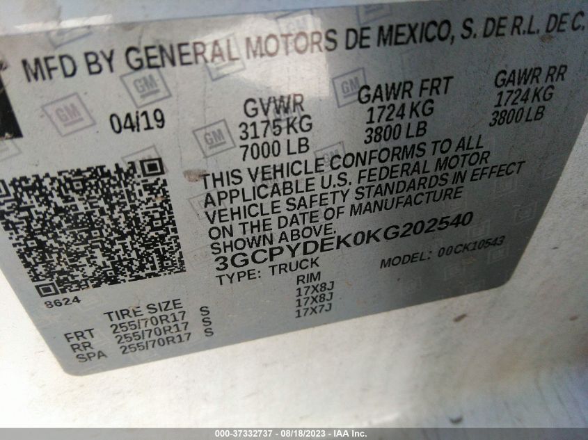 2019 CHEVROLET SILVERADO 1500 LT - 3GCPYDEK0KG202540