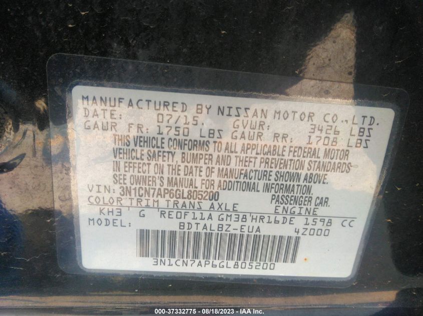 2016 NISSAN VERSA S/S PLUS/SV/SL - 3N1CN7AP6GL805200