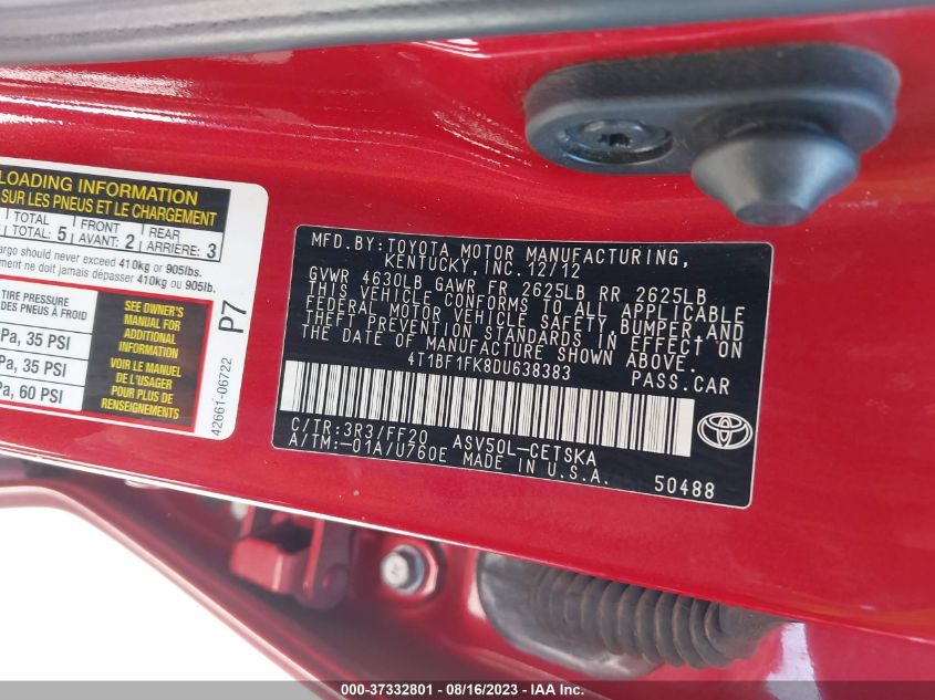 2013 TOYOTA CAMRY L/LE/SE/XLE - 4T1BF1FK8DU638383