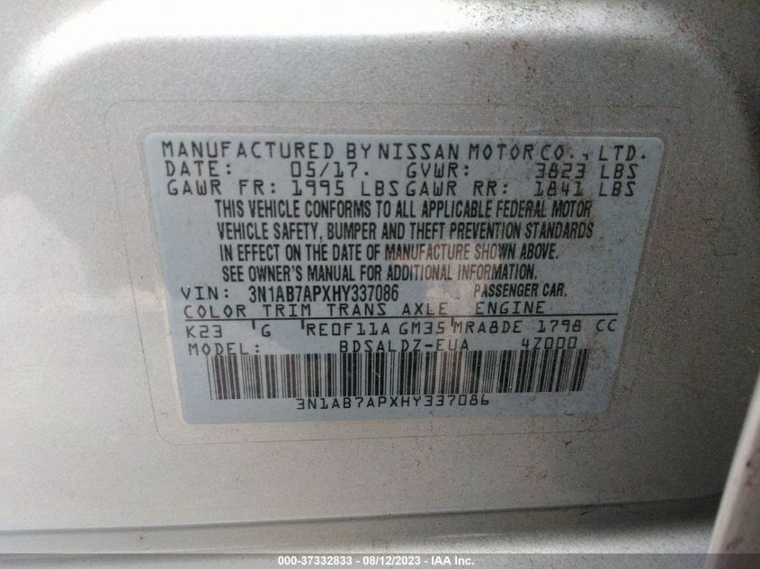 2017 NISSAN SENTRA SV - 3N1AB7APXHY337086