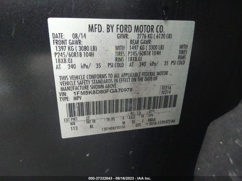 2015 FORD EXPLORER XLT - 1FM5K8D80FGA70978