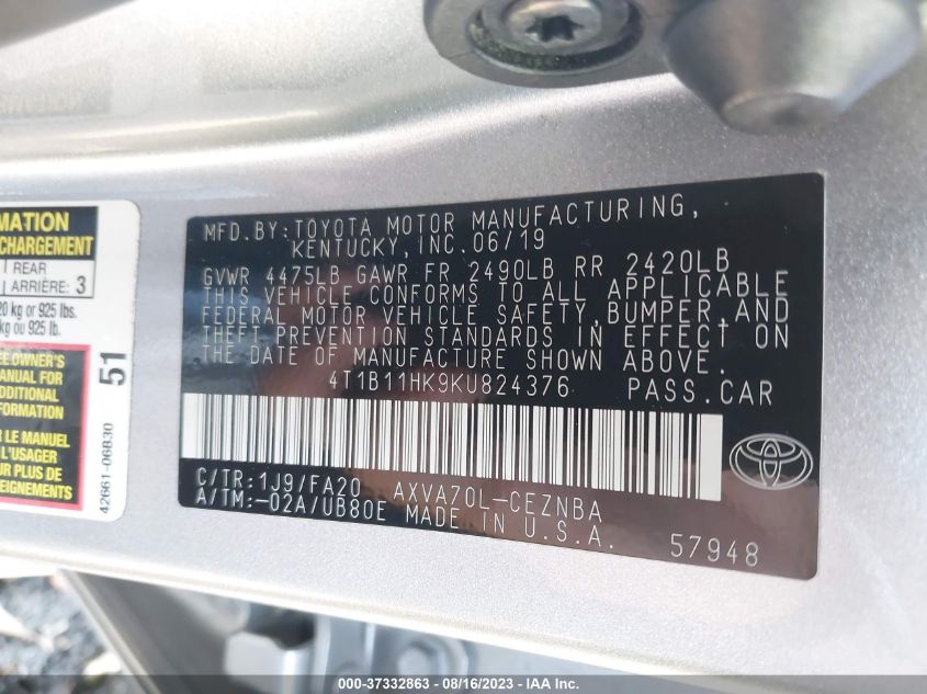2019 TOYOTA CAMRY LE/SE/XLE/L - 4T1B11HK9KU824376