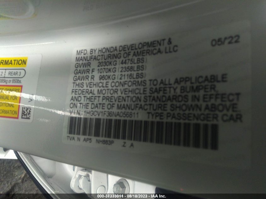 2022 HONDA ACCORD SEDAN SPORT - 1HGCV1F36NA056811