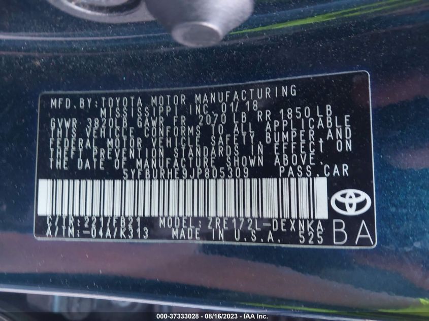 2018 TOYOTA COROLLA L/LE/XLE/SE/XSE - 5YFBURHE9JP805309