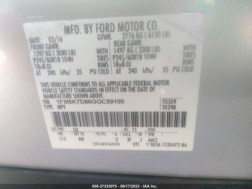 2016 FORD EXPLORER XLT - 1FM5K7D86GGC59100