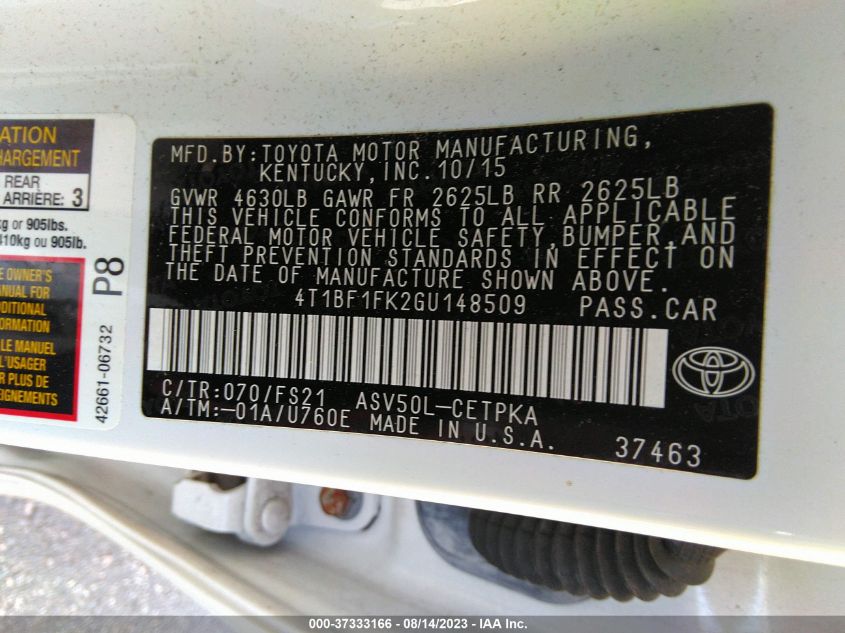 2016 TOYOTA CAMRY XLE/SE/LE/XSE - 4T1BF1FK2GU148509