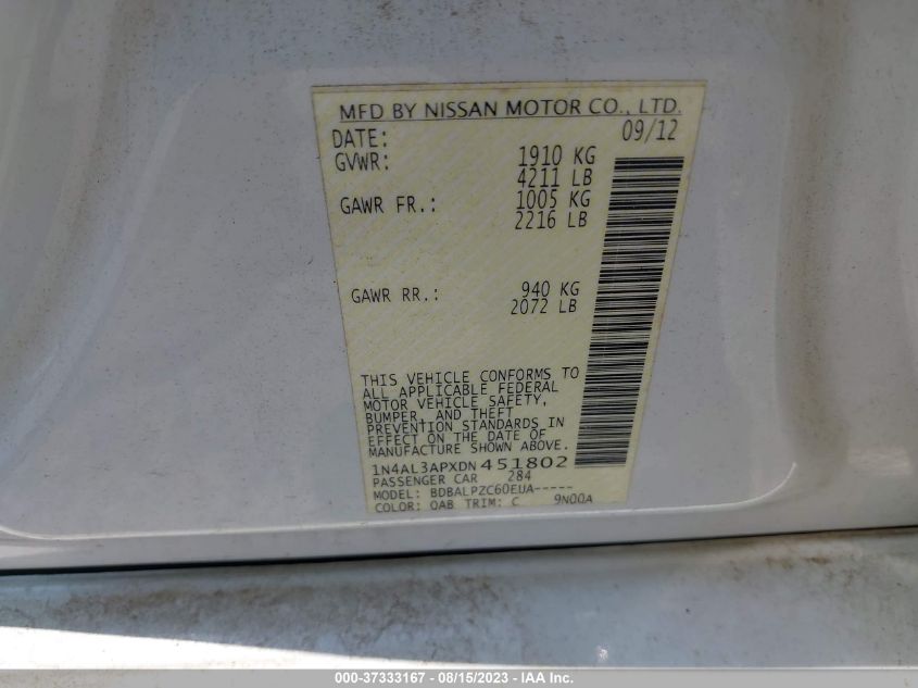 2013 NISSAN ALTIMA 2.5/S/SV/SL - 1N4AL3APXDN451802