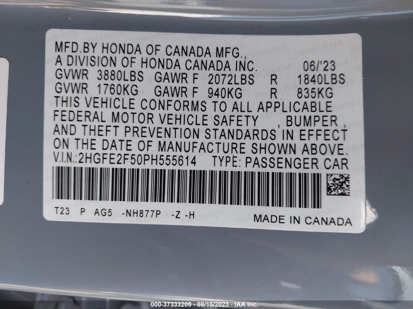 2023 HONDA CIVIC SEDAN SPORT - 2HGFE2F50PH555614