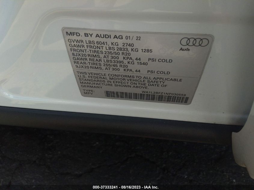 2022 AUDI Q4 E-TRON PREMIUM PLUS WA1L2BFZ1NP030559