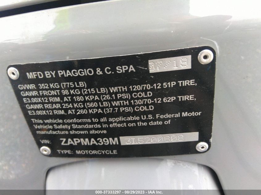 2020 VESPA GTS 300 SUPER ZAPMA39M3L5200608