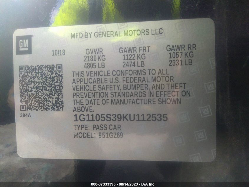 2019 CHEVROLET IMPALA PREMIER - 1G1105S39KU112535