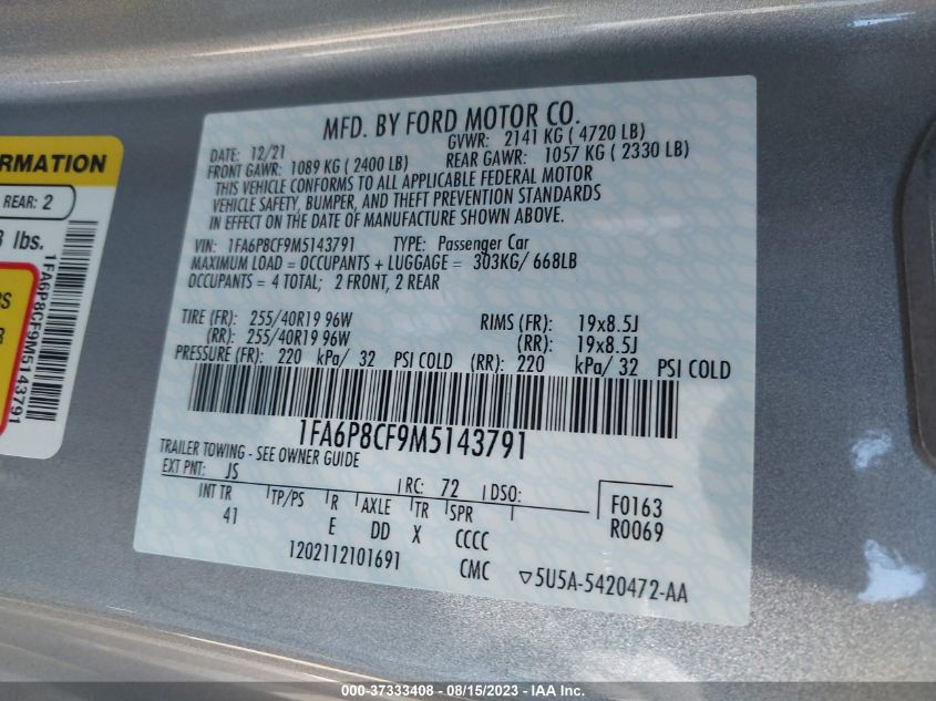 2021 FORD MUSTANG GT - 1FA6P8CF9M5143791