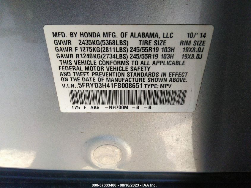 2015 ACURA MDX TECHNOLOGY - 5FRYD3H41FB008651