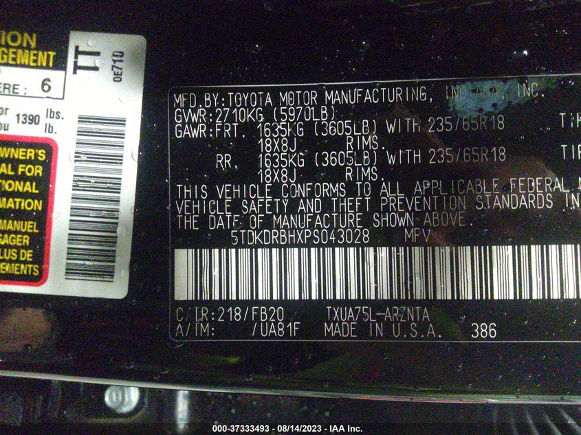 VIN 5TDKDRBHXPS043028 2023 TOYOTA HIGHLANDER L/LE/XLE/XSE/LIMITED