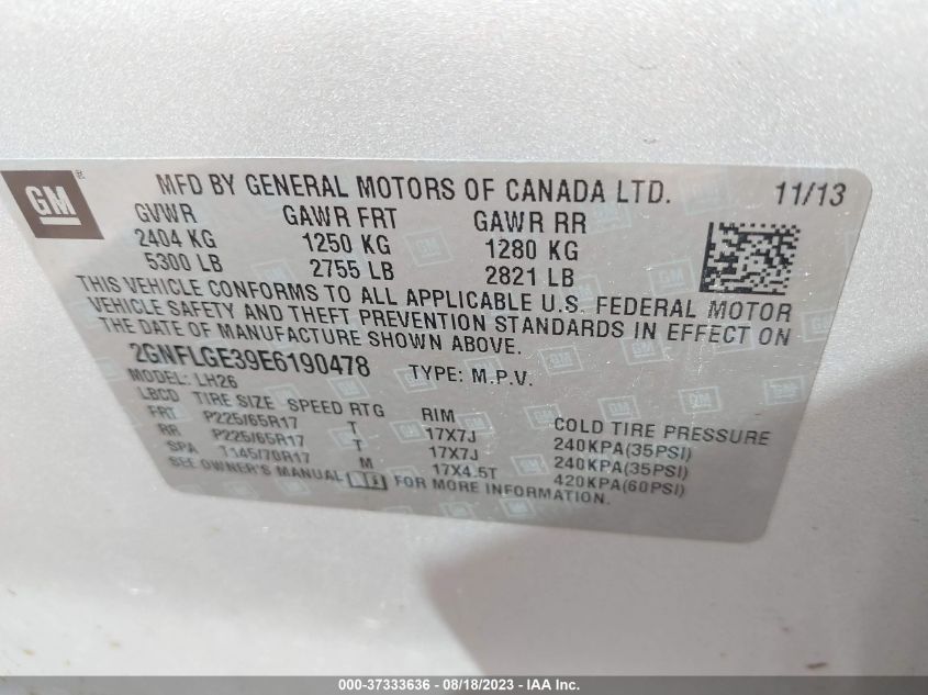 2014 CHEVROLET EQUINOX LT - 2GNFLGE39E6190478