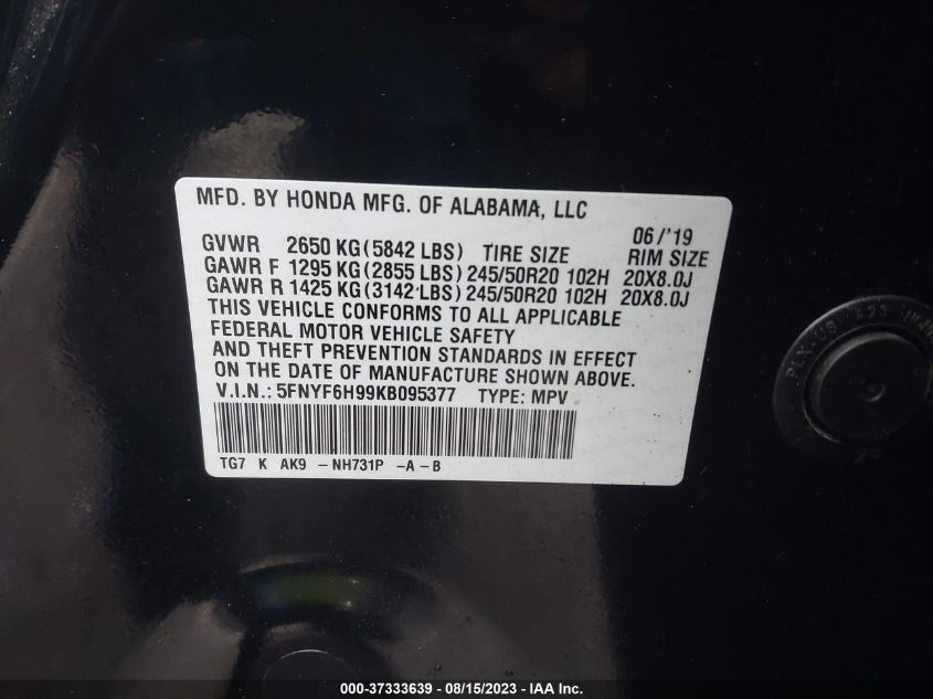 2019 HONDA PILOT TOURING - 5FNYF6H99KB095377