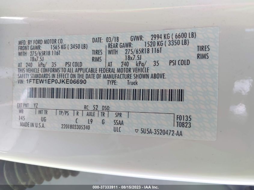 2018 FORD F-150 XL/XLT/LARIAT - 1FTEW1EP0JKE06690