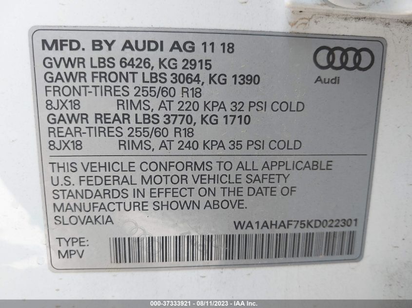 2019 AUDI Q7 PREMIUM/SE PREMIUM - WA1AHAF75KD022301
