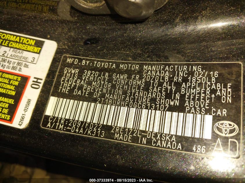 2016 TOYOTA COROLLA L/LE/S/S PLUS/LE PLUS - 2T1BURHE0GC613107