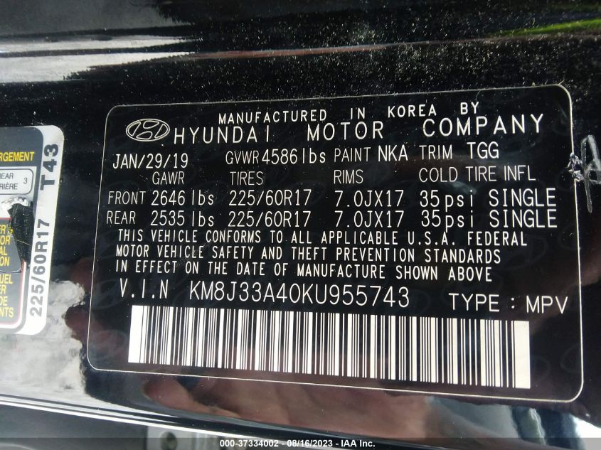 2019 HYUNDAI TUCSON VALUE - KM8J33A40KU955743