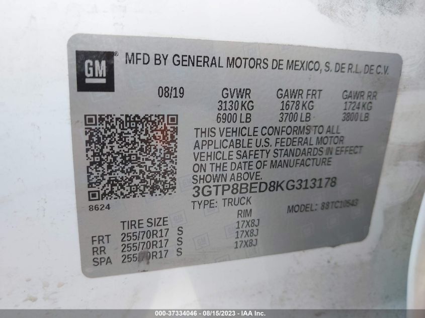 2019 GMC SIERRA 1500 SLE - 3GTP8BED8KG313178