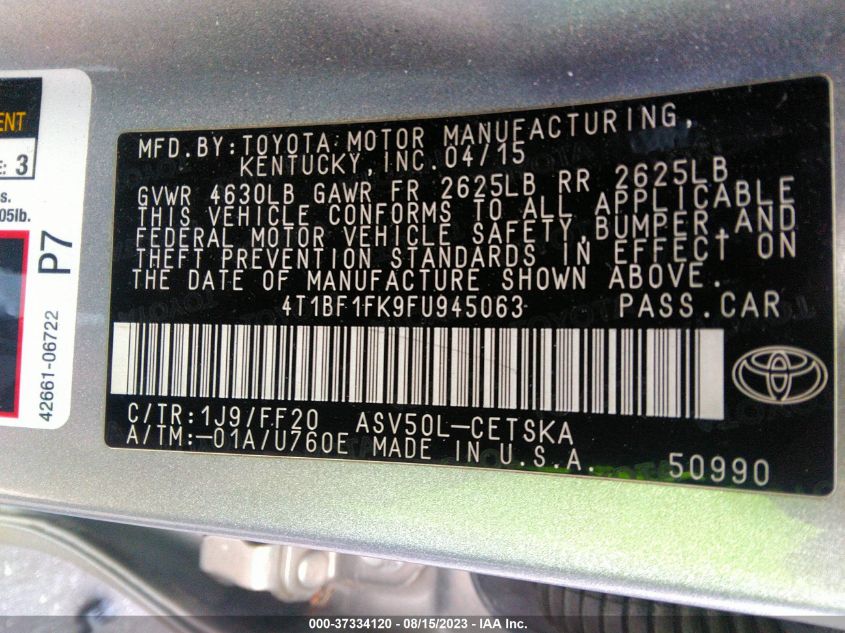 2015 TOYOTA CAMRY XLE/SE/LE/XSE - 4T1BF1FK9FU945063