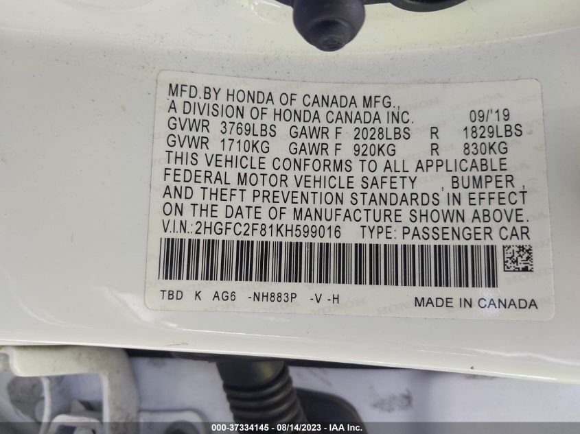 2019 HONDA CIVIC SEDAN SPORT - 2HGFC2F81KH599016