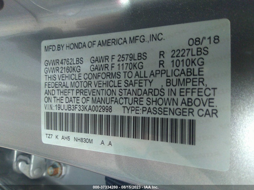 VIN 19UUB3F33KA002998 2019 ACURA TLX