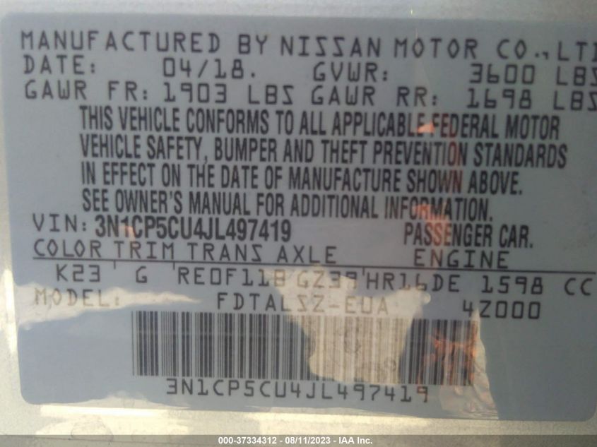 2018 NISSAN KICKS SV - 3N1CP5CU4JL497419