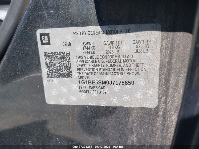 2018 CHEVROLET CRUZE LT - 1G1BE5SM0J7175650