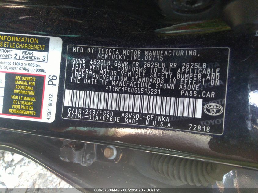 2016 TOYOTA CAMRY XLE/SE/LE/XSE - 4T1BF1FK0GU515231