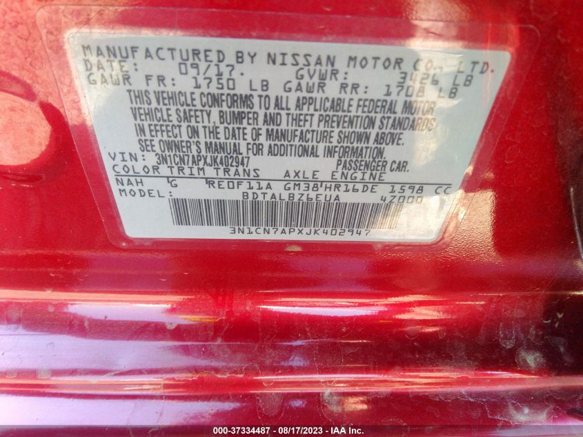 2018 NISSAN VERSA SEDAN SV - 3N1CN7APXJK402947