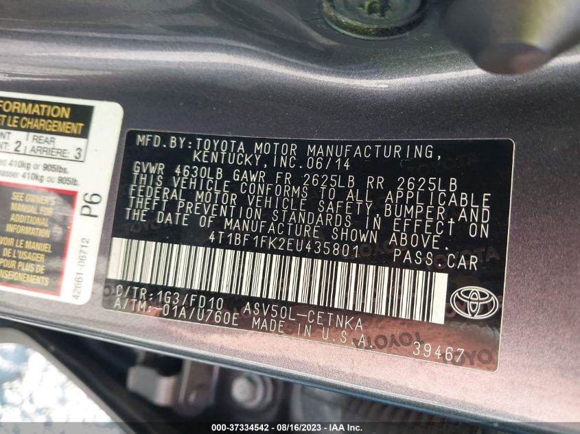 2014 TOYOTA CAMRY L/LE/XLE/SE/SE SPORT - 4T1BF1FK2EU435801