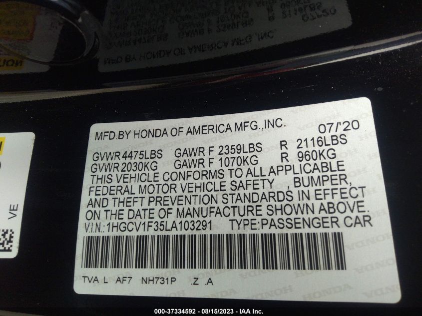 2020 HONDA ACCORD SEDAN SPORT - 1HGCV1F35LA103291