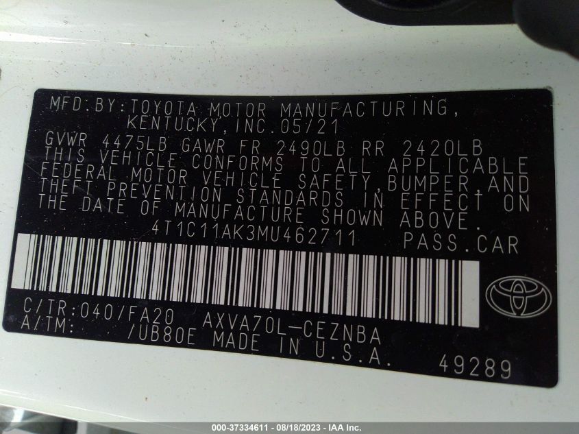 4T1C11AK3MU462711 Toyota Camry LE 9