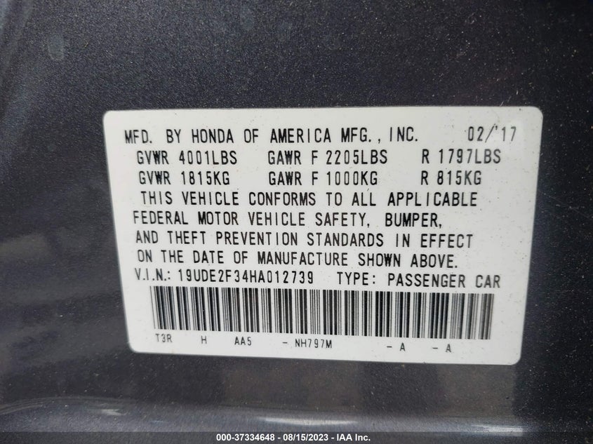 VIN 19UDE2F34HA012739 2017 ACURA ILX BASE WATCH PLUS