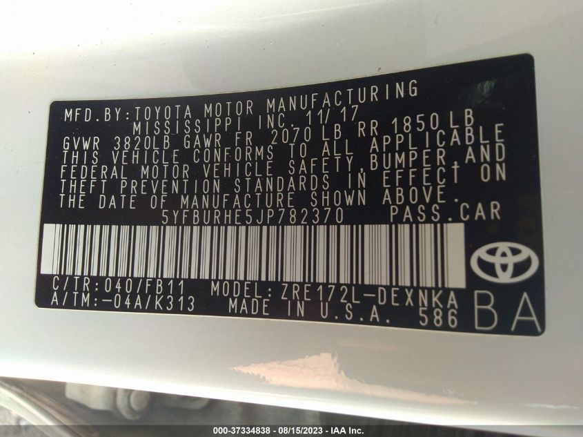 2018 TOYOTA COROLLA L/LE/XLE/SE/XSE - 5YFBURHE5JP782370
