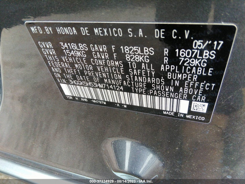 VIN 3HGGK5H53HM714124 2017 HONDA FIT LX