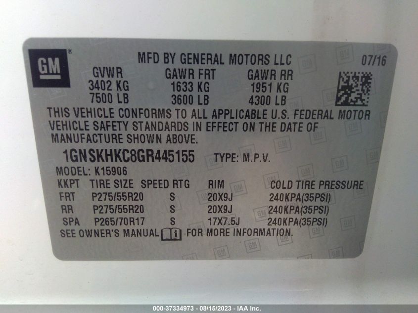 2016 CHEVROLET SUBURBAN LT - 1GNSKHKC8GR445155