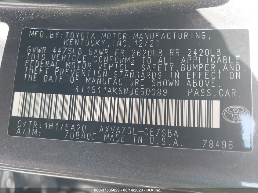 2022 TOYOTA CAMRY SE - 4T1G11AK6NU650089