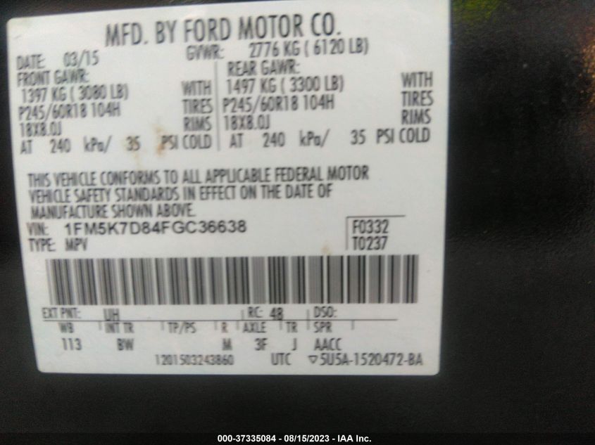 2015 FORD EXPLORER XLT - 1FM5K7D84FGC36638