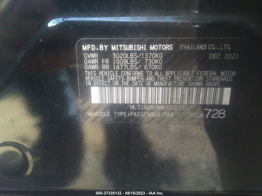 2022 MITSUBISHI MIRAGE ES/LE - ML32AUHJXNH002330