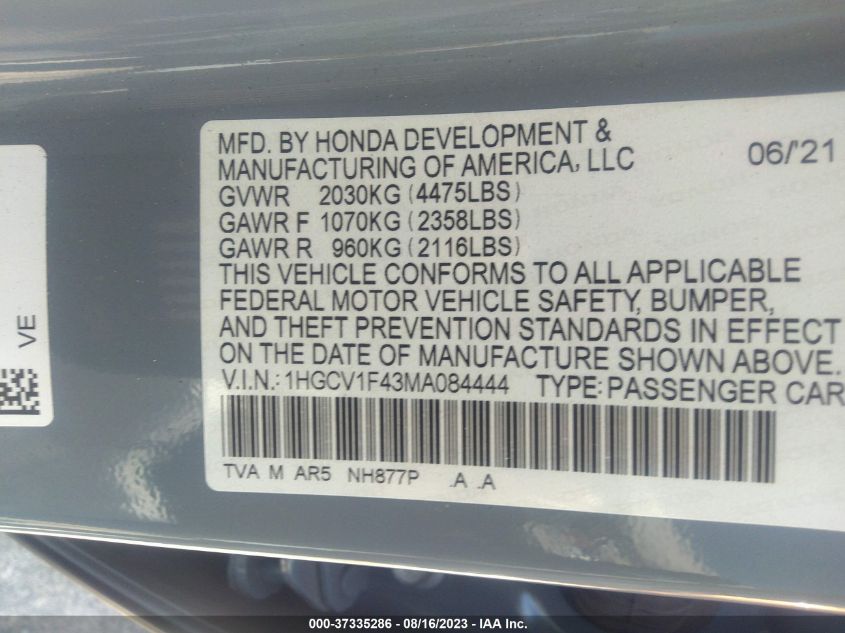 2021 HONDA ACCORD SEDAN SPORT SE - 1HGCV1F43MA084444