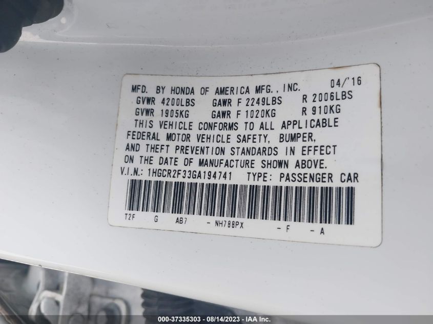 2016 HONDA ACCORD SEDAN LX - 1HGCR2F33GA194741