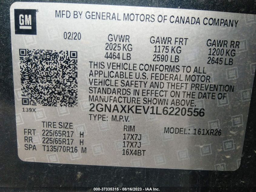 2020 CHEVROLET EQUINOX LT - 2GNAXKEV1L6220556