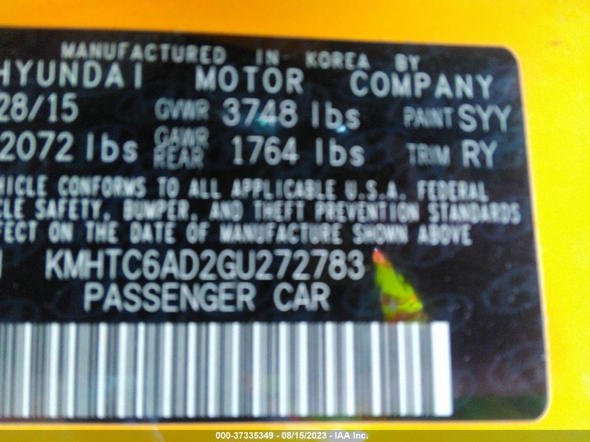 2016 HYUNDAI VELOSTER - KMHTC6AD2GU272783