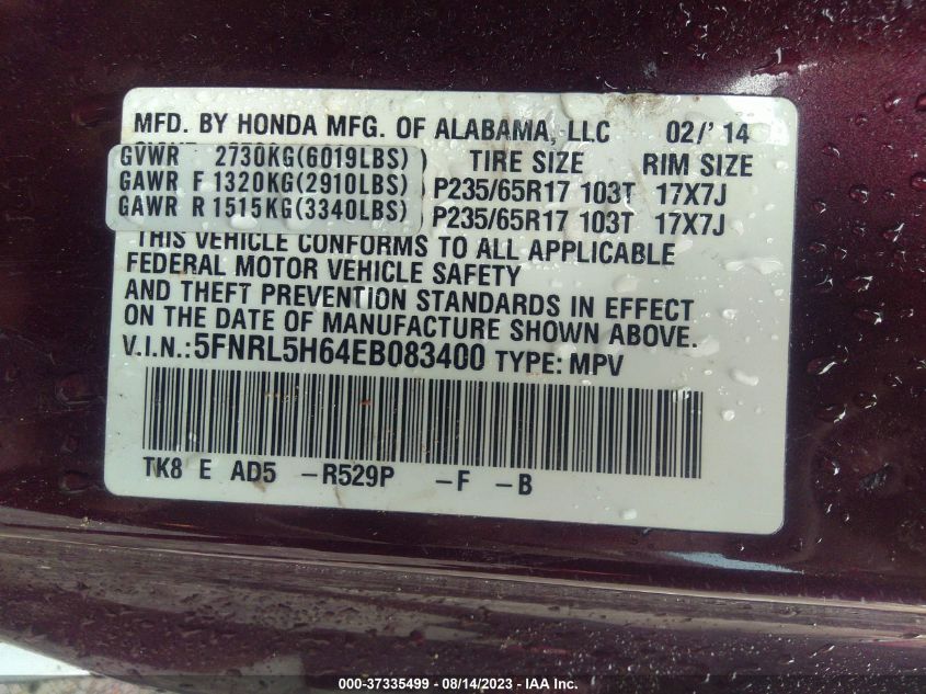 5FNRL5H64EB083400 2014 HONDA ODYSSEY, photo no. 9