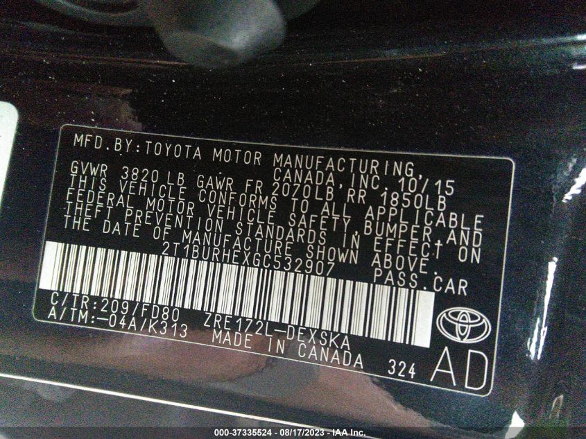 2016 TOYOTA COROLLA L/LE/S/S PLUS/LE PLUS - 2T1BURHEXGC532907