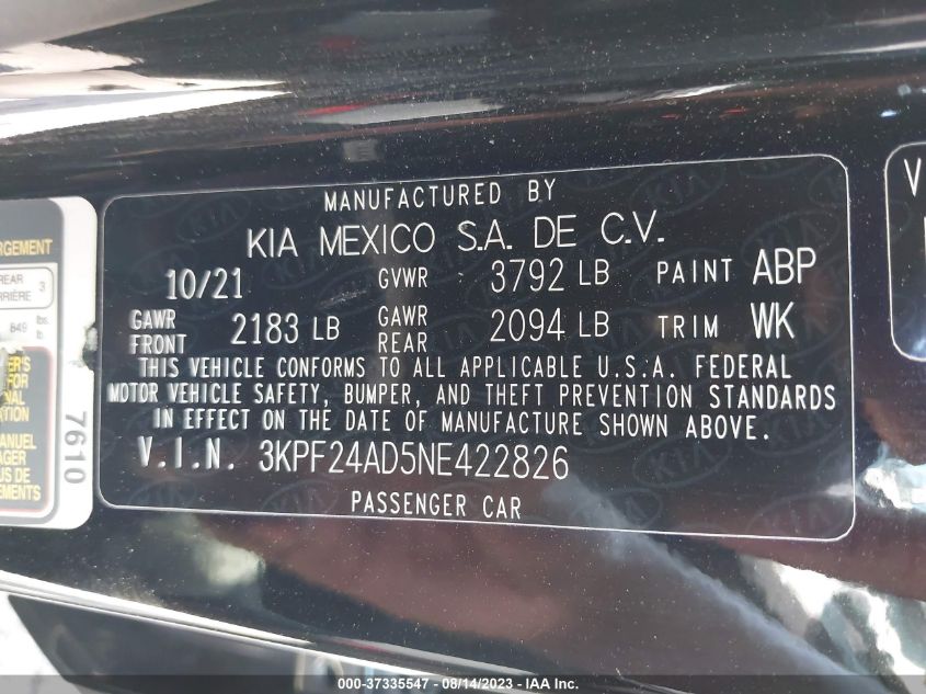 2022 KIA FORTE LXS - 3KPF24AD5NE422826