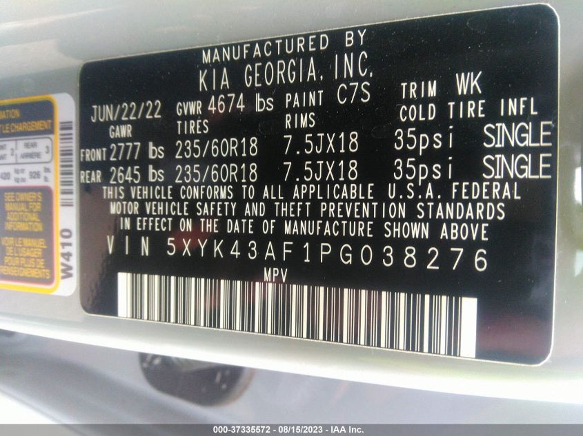 5XYK43AF1PG038276 Kia Sportage SX 9